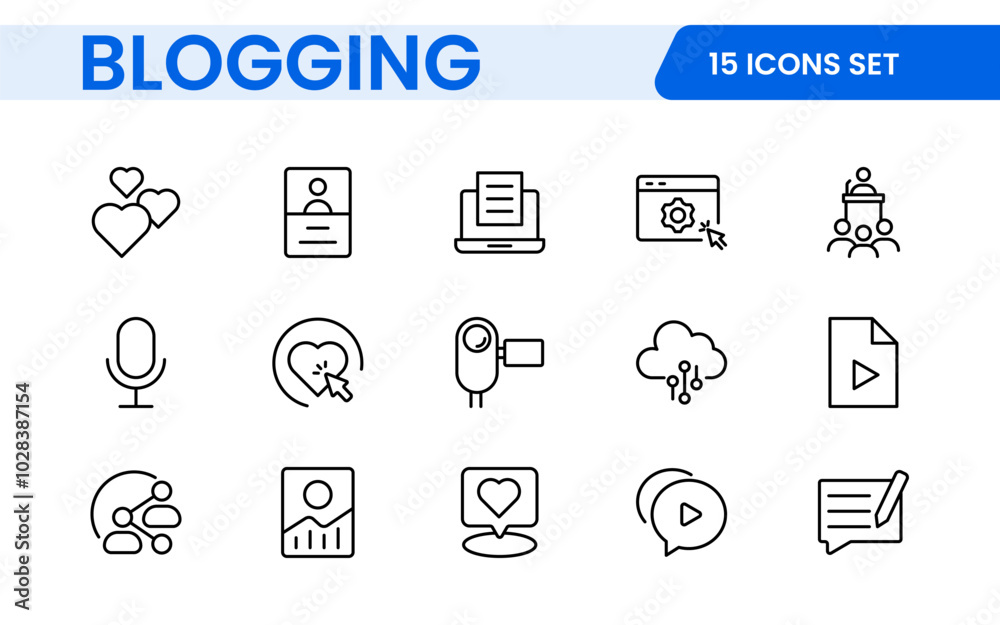 Blogging banner with icons. Post, social media, community, content, website, sharing, create, opinion. Business concept. Web vector infographic in outline icon style. Blogging banner with icons. Post, social media, community, content, website, sharing, create, opinion. Business concept. Web vector infographic in outline icon style.