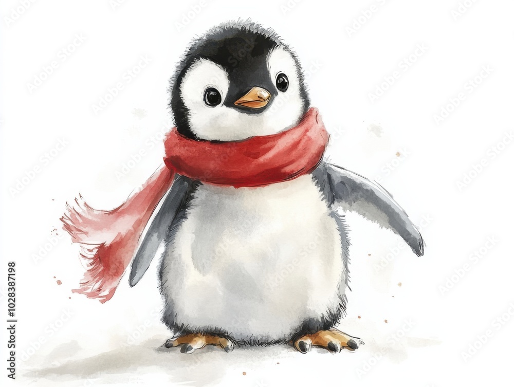 Fototapeta premium A cute, young penguin wearing a red scarf stands cheerfully, embodying the charm of winter and playful spirit.