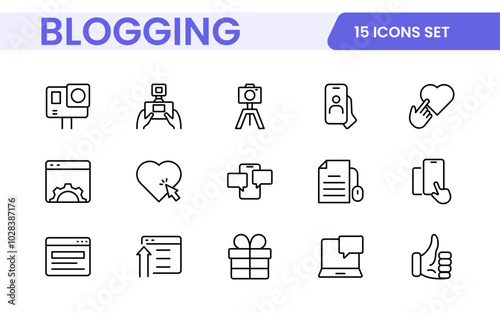 Blogging banner with icons. Post, social media, community, content, website, sharing, create, opinion. Business concept. Web vector infographic in outline icon style.