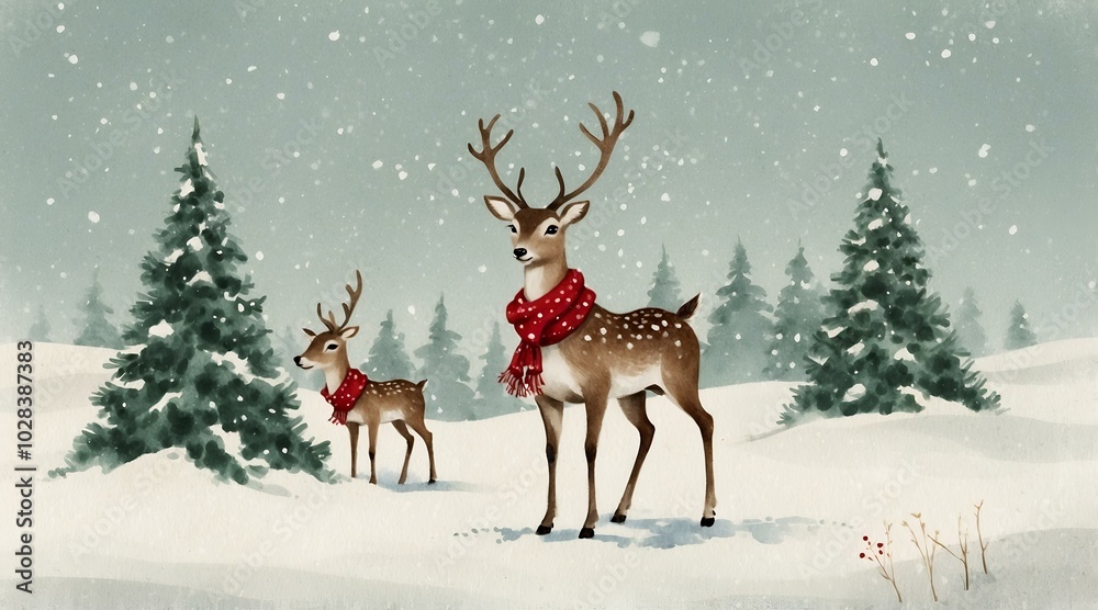 Two charming reindeer wearing red scarves in snowy landscape with pine trees and falling snow Two charming reindeer wearing red scarves in snowy landscape with pine trees and falling snow