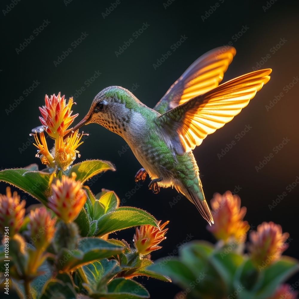 Obraz premium A beautifully detailed hummingbird in flight. It hovers gracefully near vibrant flowers. The colors are bright and warm. Nature is truly inspiring. Generative AI