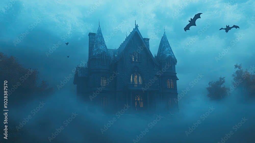 A Mysterious Gothic Mansion shrouded in mist with bats flying overhead. A Mysterious Gothic Mansion shrouded in mist with bats flying overhead.