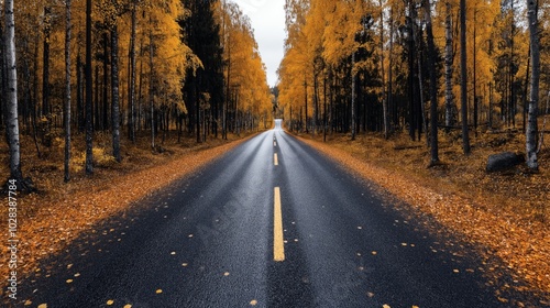 Long straight road through autumn forest with vibrant orange foliage and a cloudy sky