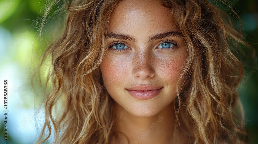 Young woman with curly hair and striking blue eyes poses outdoors surrounded by lush greenery in bright sunlight Young woman with curly hair and striking blue eyes poses outdoors surrounded by lush greenery in bright sunlight
