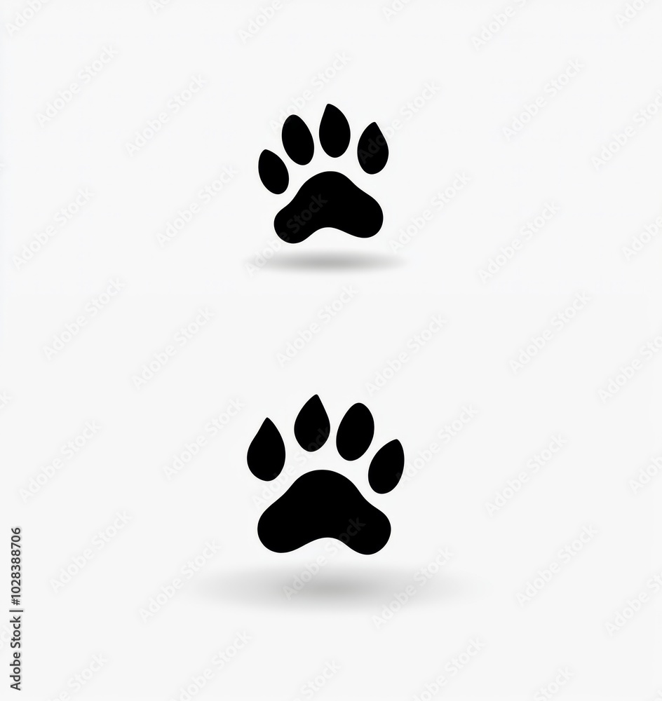 Two black paw prints on a white background with shadows. Two black paw prints on a white background with shadows.