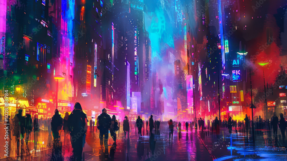 Nighttime Sci-Fi Cityscape: People Walking in Neon-Lit Futuristic Urban Landscape Illustration Nighttime Sci-Fi Cityscape: People Walking in Neon-Lit Futuristic Urban Landscape Illustration