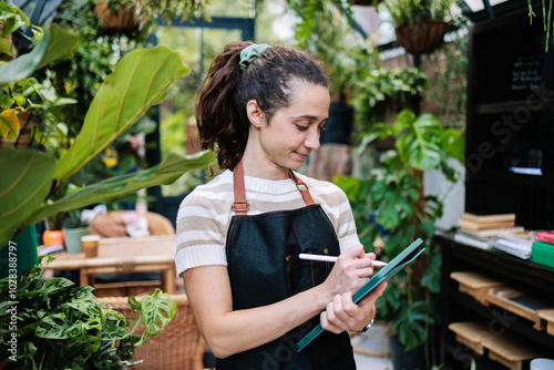 Young botanist writing on tablet PC in greenhouse photo