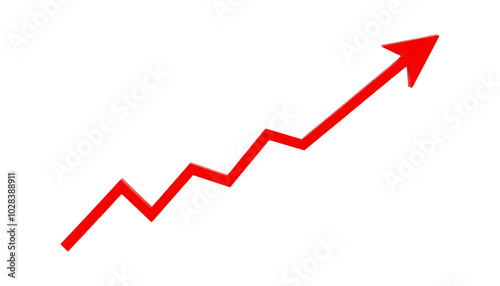 Upward trending red graph arrow symbolizing financial growth, success, and business performance analysis isolated on a transparent background