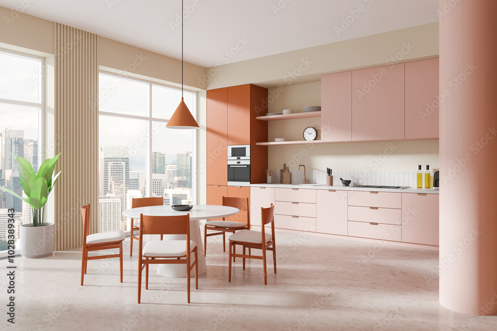 Fototapeta premium Modern kitchen interior with elegant design and city view. 3D Rendering