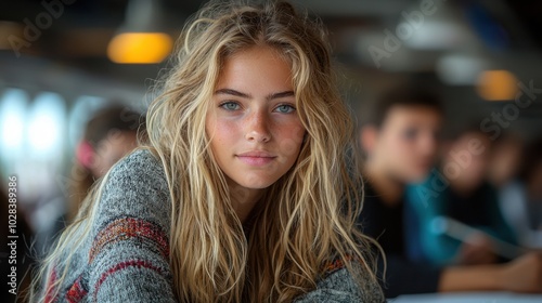 Wallpaper Mural A young European girl with long, wavy hair gazes softly at the camera with a calm expression in a classroom setting filled with other students. Torontodigital.ca