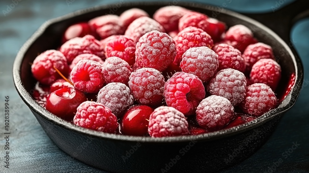 Close-up of frozen raspberries and cherries in a black cast-iron skillet on a dark background. Close-up of frozen raspberries and cherries in a black cast-iron skillet on a dark background.