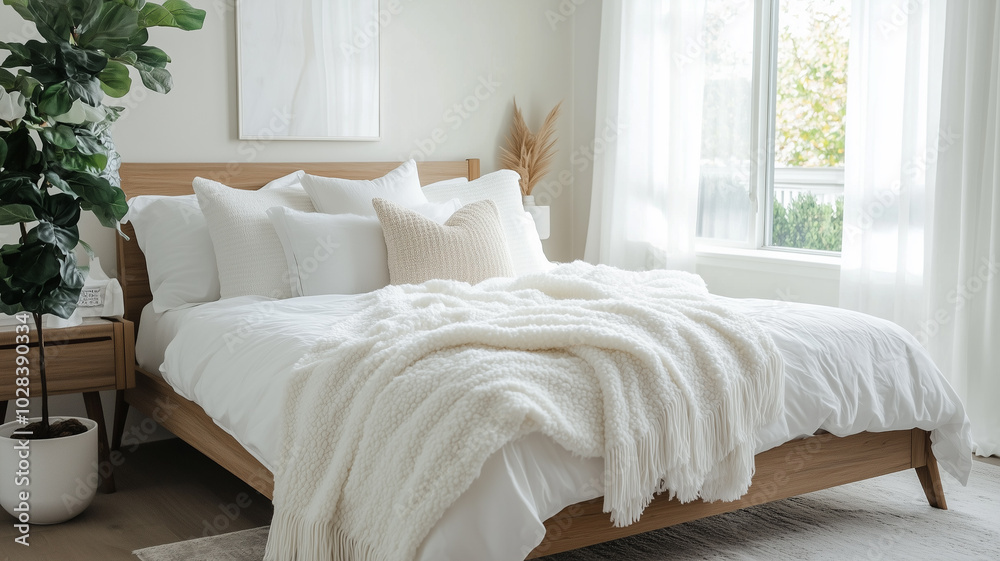 Fototapeta premium The comfortable bed, adorned with plush linens and a cozy throw blanket, invites relaxation.