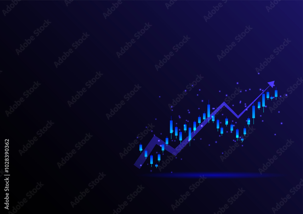 Naklejka premium Stock and investment concept. A bar and line graph on a dark blue background. Bullish market, profit of wealth, high risk high return, business growth up. Copy space.