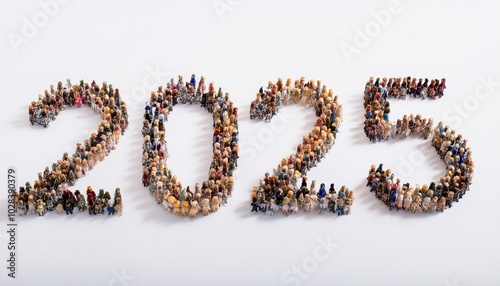 Human crowd forming a text 2025 on white background. Horizontal composition with copy space 