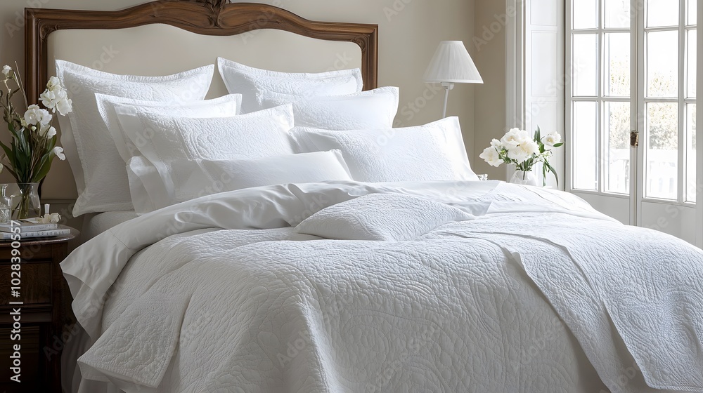 White Bed with Embroidered Bedding in a Well-Lit Bedroom