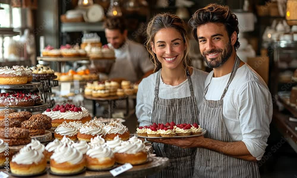 A couple smiles while showcasing delicious pastries in a bakery. A couple smiles while showcasing delicious pastries in a bakery.