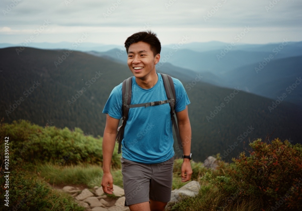 Smiling hiker exploring mountain trail with scenic view and lush greenery Smiling hiker exploring mountain trail with scenic view and lush greenery