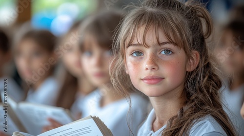 A young girl with blue eyes and freckles smiles, attending class among her peers, wearing a white top, indicative of a European background.
