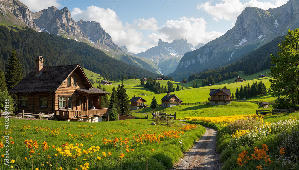 Obraz premium Alpine village in a mountain valley, rocky mountains in the background, serene landscape
