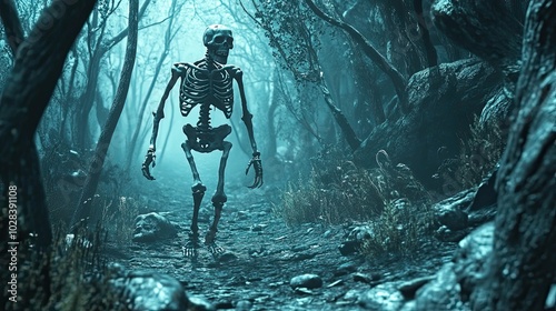 A Skeleton Walking Through a Foggy, Dark Forest