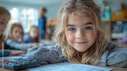 A young girl with wavy hair smiles at the camera in a classroom setting, surrounded by classmates. The atmosphere is warm and engaging.