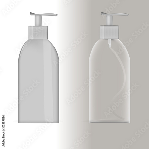 A mock-up of a plastic bottle with a pump cap. transparent and white packaging for branding cosmetic products for skin care and makeup. Realistic 3d vector template of a container for liquid soap or l