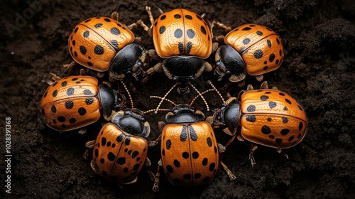 Close-up of several orange and black spotted beetles gathered on dark soil, showcasing their patterned exoskeletons in a circular arrangement.