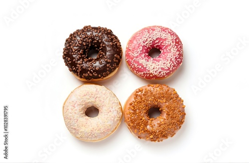 Four assorted donuts with various toppings on a white background.