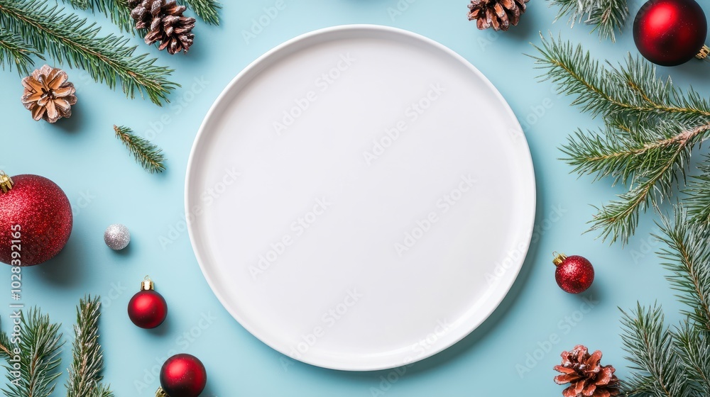 Flat lay Christmas composition. Round Paper blank, pine tree branches, christmas decorations on Colored background. Top view, copy space for text