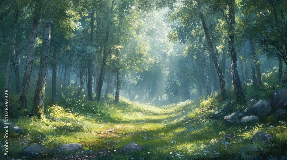 Obraz premium Serene Forest Pathway with Soft Sunlight