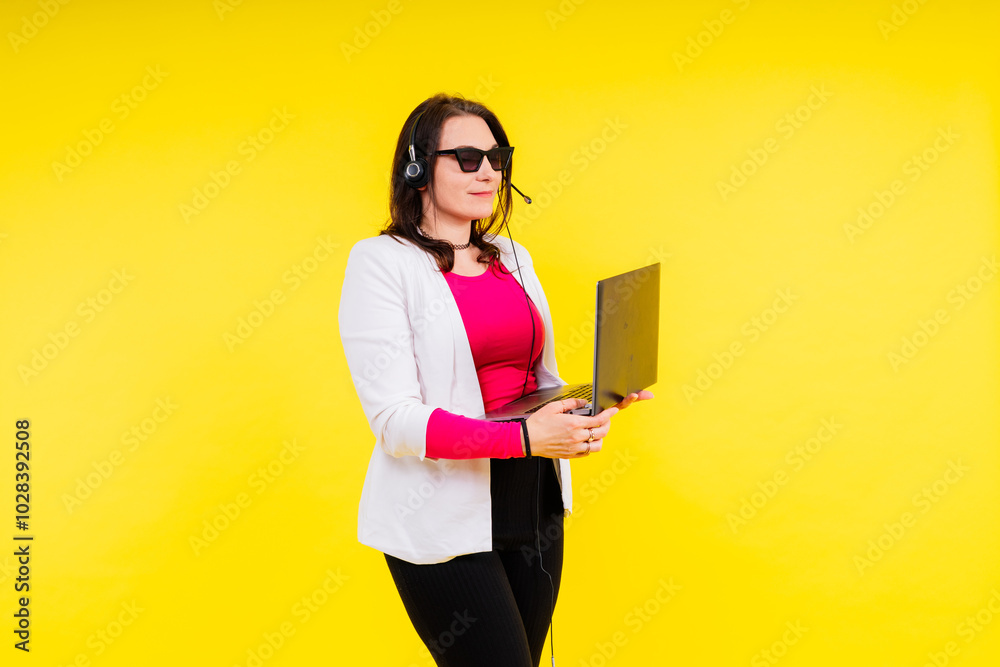 Young smiling happy chubby overweight plus size big fat fit woman work on laptop pc computer
