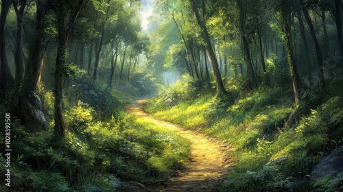 Enchanted Forest Pathway in Sunlight