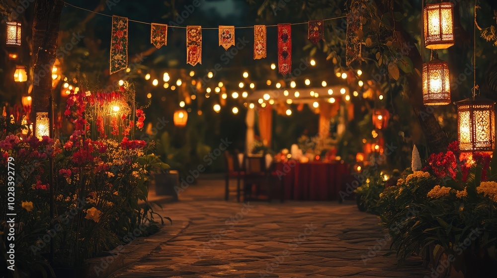 Naklejka premium Enchanting garden pathway with lanterns and flowers