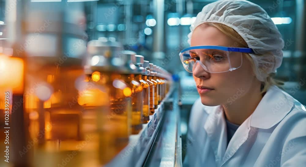 Close-up of a Woman in a Lab Coat and Safety Glasses Observing Glass Bottles on a Conveyor Belt
