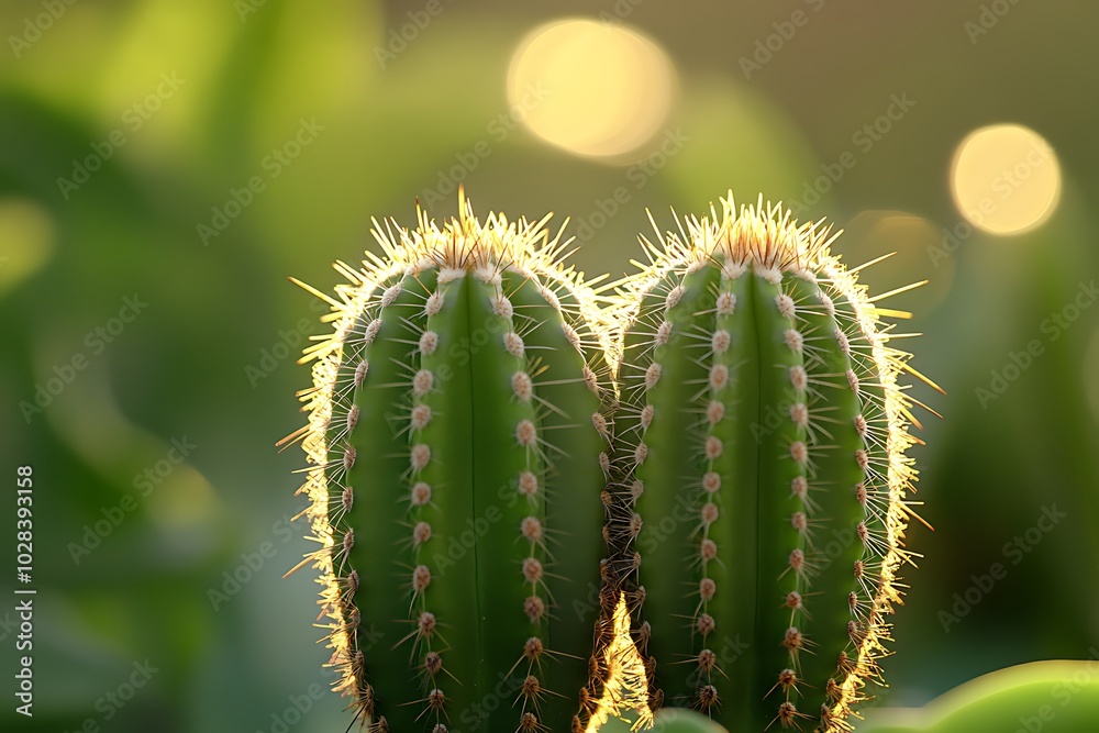 Close-up of Two Cactus Plants with Sunlight Shining Through Spines. Close-up of Two Cactus Plants with Sunlight Shining Through Spines.