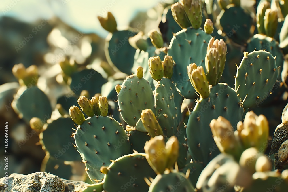 Close-up of Prickly Pear Cactus with Buds. Close-up of Prickly Pear Cactus with Buds.
