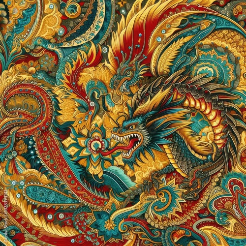 Wallpaper Mural Intricate Golden and Teal Dragon in Ornate Asian Design with Generative AI. Torontodigital.ca