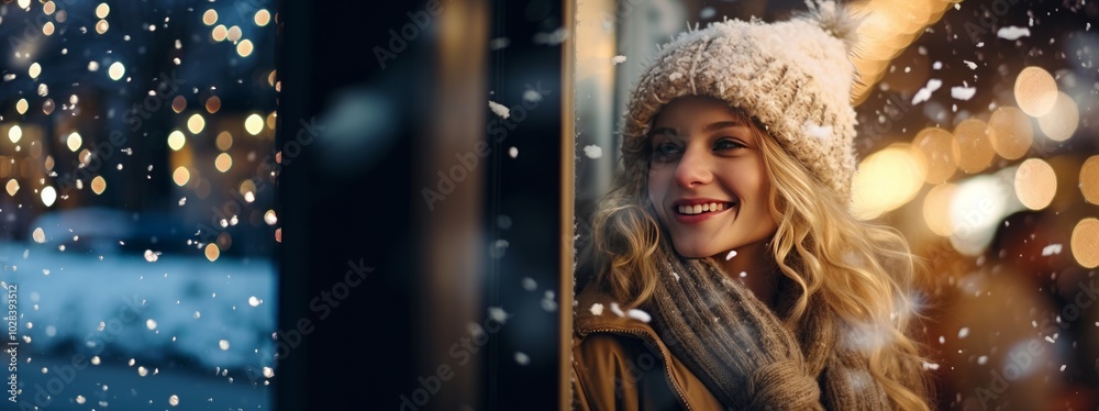 Smiling young woman looking at a shop window on the street in winter Smiling young woman looking at a shop window on the street in winter