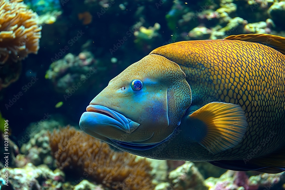 Close-up of a Humphead Wrasse with Vibrant Colors and Intricate Scales. Close-up of a Humphead Wrasse with Vibrant Colors and Intricate Scales.