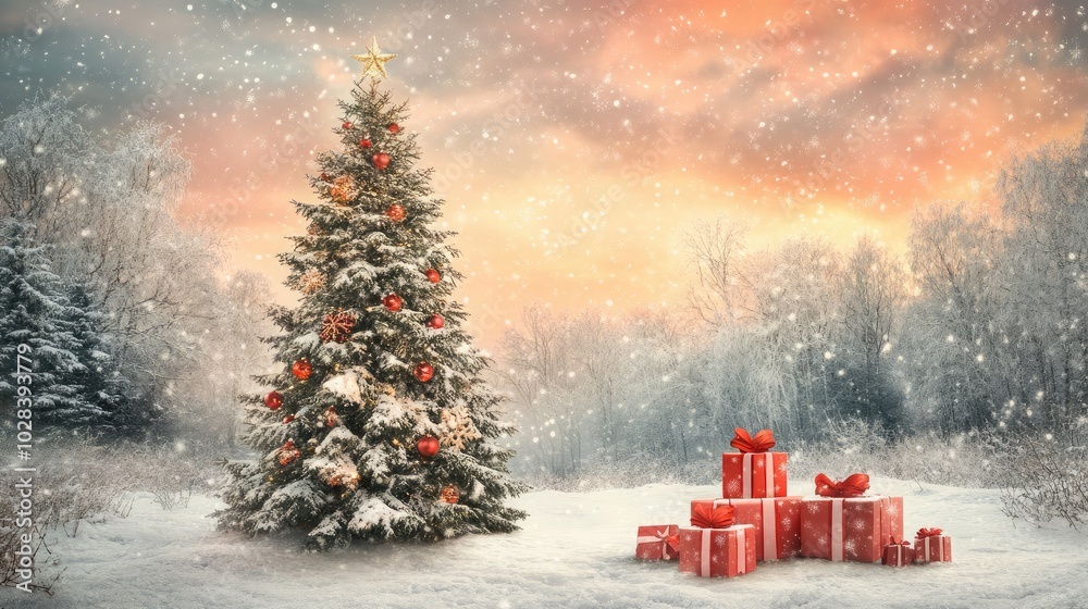 Snowy Christmas Tree with Presents in Winter Landscape