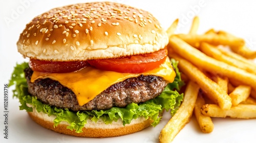 Close-up of a juicy cheeseburger with lettuce, tomato, and melted cheese, served with golden french fries on a white background.