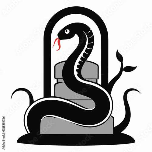 A serpent coiled around a tombstone silhouette vector illustration on white background