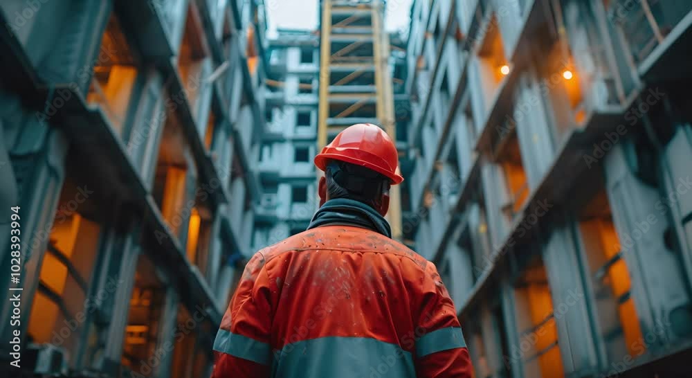 Construction Worker Standing In Front Of Building Under Construction Construction Worker Standing In Front Of Building Under Construction