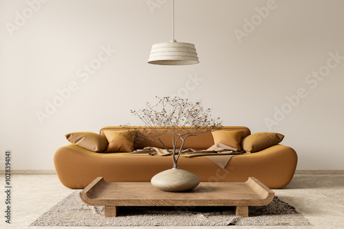 Boho style decorated livinig room. Modern authentic Interior design of living room with wooden furnitures. 3D illustration photo