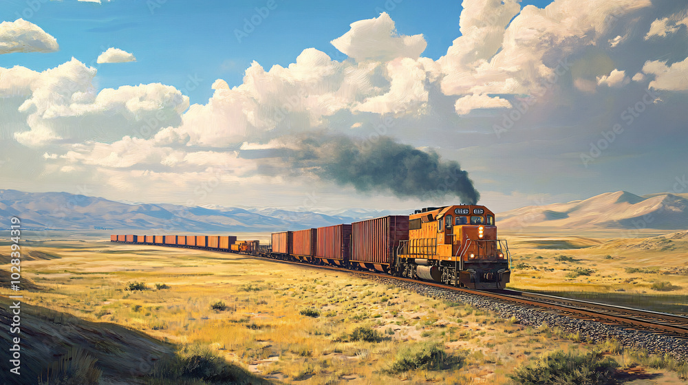 A cargo train transporting goods across a vast landscape. A cargo train transporting goods across a vast landscape.