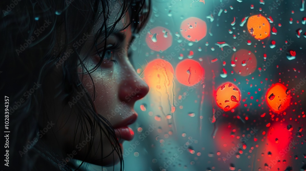 Rainy Night Portrait: Woman Gazing Through Window Rainy Night Portrait: Woman Gazing Through Window