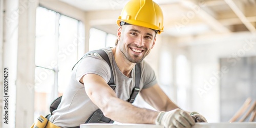 A smiling on-site  worker or civil engineer with his arms folded at construction site photo