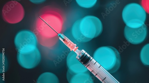 A close-up of a syringe with a blurry bokeh background in vibrant colors.