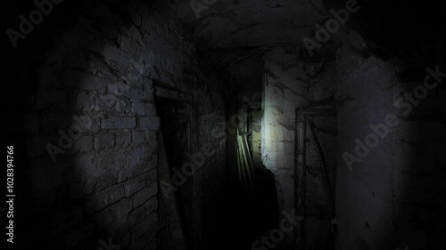 Flashlight in Scary underground, basement. Old abandoned warehouses in a dungeons.
