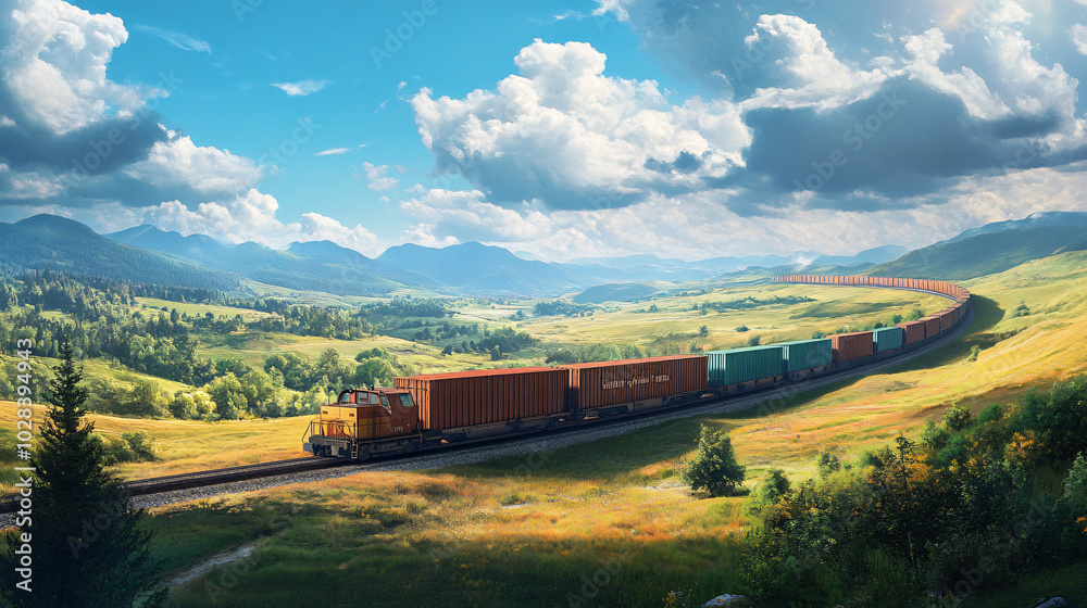A cargo train transporting goods across a vast landscape. A cargo train transporting goods across a vast landscape.